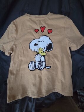 Zara Tan Snoopy Graphic Short Sleeve Tee with Red Heart Accents